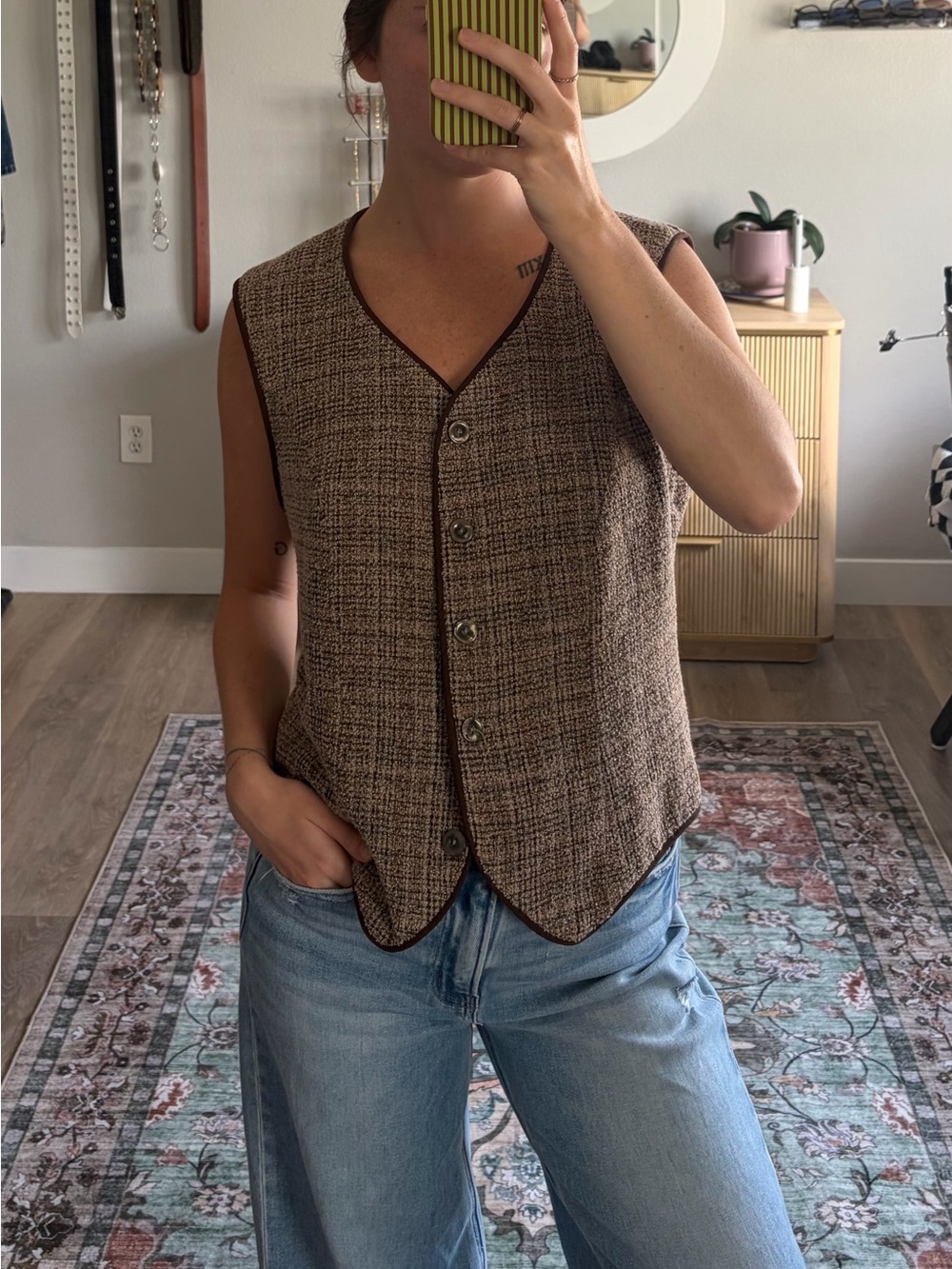 Brown Tweed Button Front Tailored Vest Medium Large